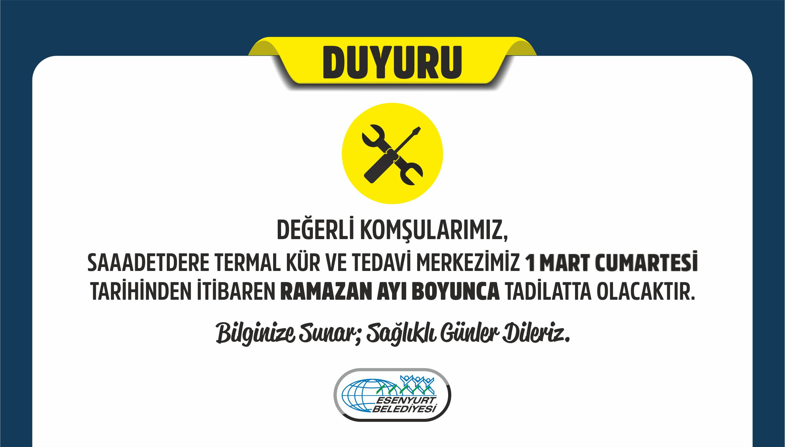 Saadetdere Termal Kür ve Tedavi Merkezi Duyuru